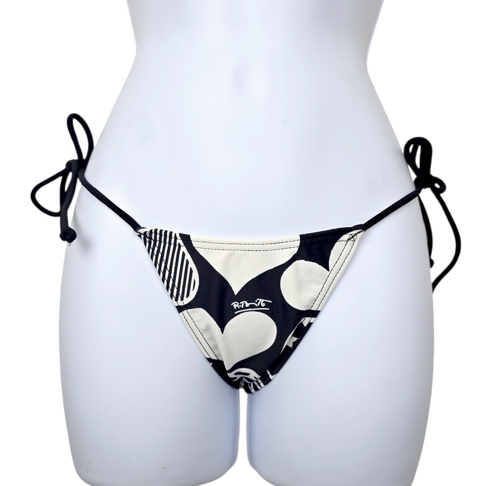 Rosa Cha Womens Black White Graphic Heart Print Side Tie Bikini Bottom Size M